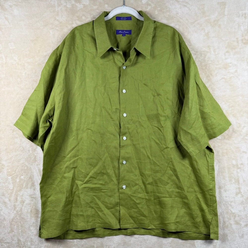 Alan Flusser Mens XXL Olive Green 100% Linen Short Sleeve Button Down Shirt